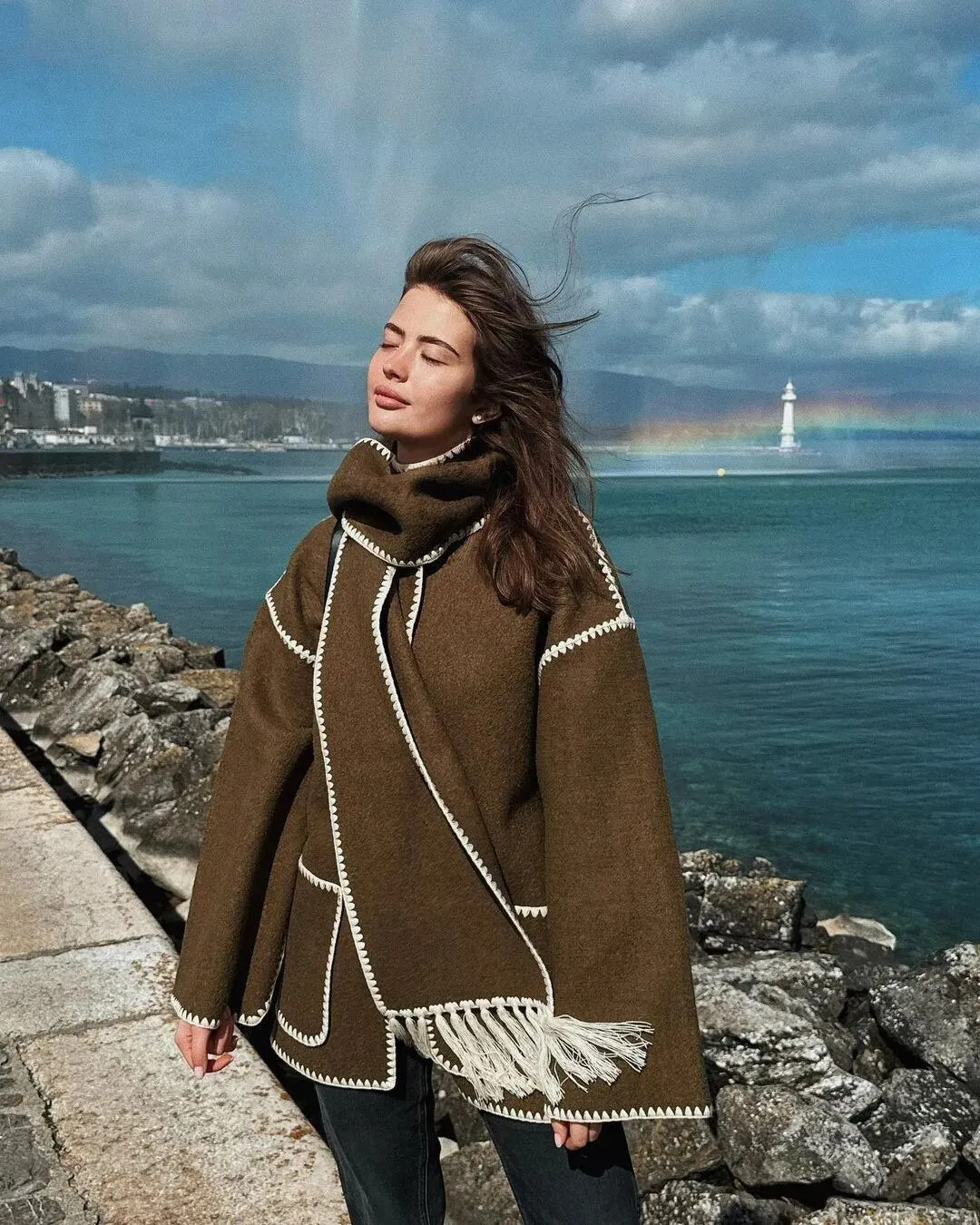 Women Woolen Coats with Tassel Scarf Autumn Winter Long Sleeve Single Breasted Warm Jackets Embroidery Pocket High Street Tops