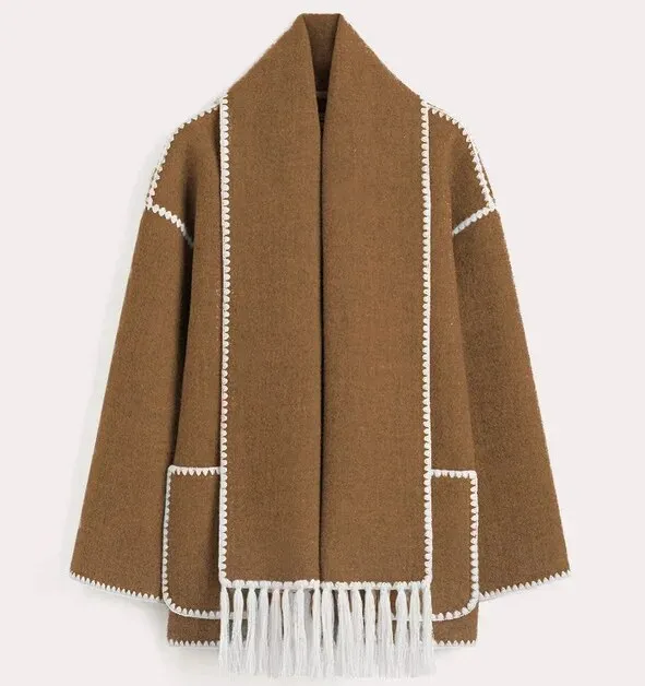 Women Woolen Coats with Tassel Scarf Autumn Winter Long Sleeve Single Breasted Warm Jackets Embroidery Pocket High Street Tops