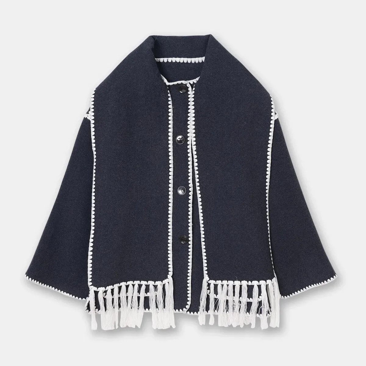 Women Woolen Coats with Tassel Scarf Autumn Winter Long Sleeve Single Breasted Warm Jackets Embroidery Pocket High Street Tops