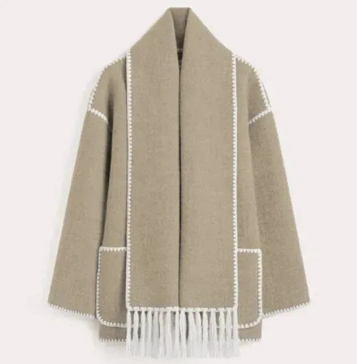 Women Woolen Coats with Tassel Scarf Autumn Winter Long Sleeve Single Breasted Warm Jackets Embroidery Pocket High Street Tops