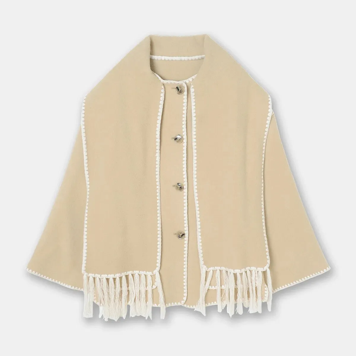 Women Woolen Coats with Tassel Scarf Autumn Winter Long Sleeve Single Breasted Warm Jackets Embroidery Pocket High Street Tops