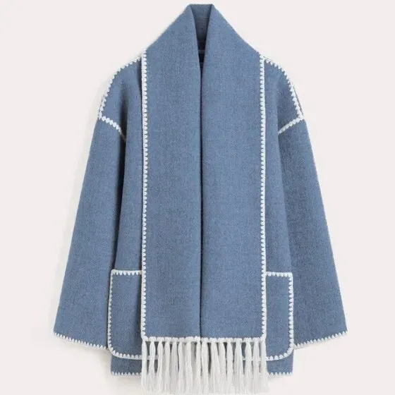 Women Woolen Coats with Tassel Scarf Autumn Winter Long Sleeve Single Breasted Warm Jackets Embroidery Pocket High Street Tops
