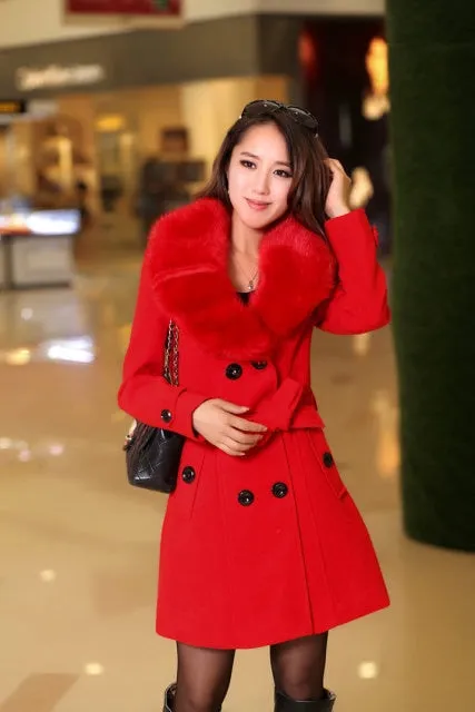 Womens Faux Fur Collar Solid Trench Coats Lady Slim Double Breasted Woolen Jackets Coat New Autumn Winter Female Outwear 5Xl