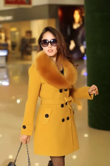 Womens Faux Fur Collar Solid Trench Coats Lady Slim Double Breasted Woolen Jackets Coat New Autumn Winter Female Outwear 5Xl