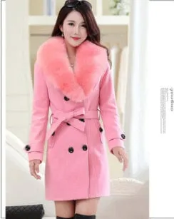 Womens Faux Fur Collar Solid Trench Coats Lady Slim Double Breasted Woolen Jackets Coat New Autumn Winter Female Outwear 5Xl