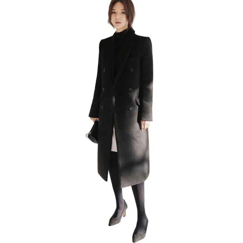 Women's Long Wool Blends Fashion Korean Style Slim Blue Khaki Black Woolen Outweare Coats Coat Women