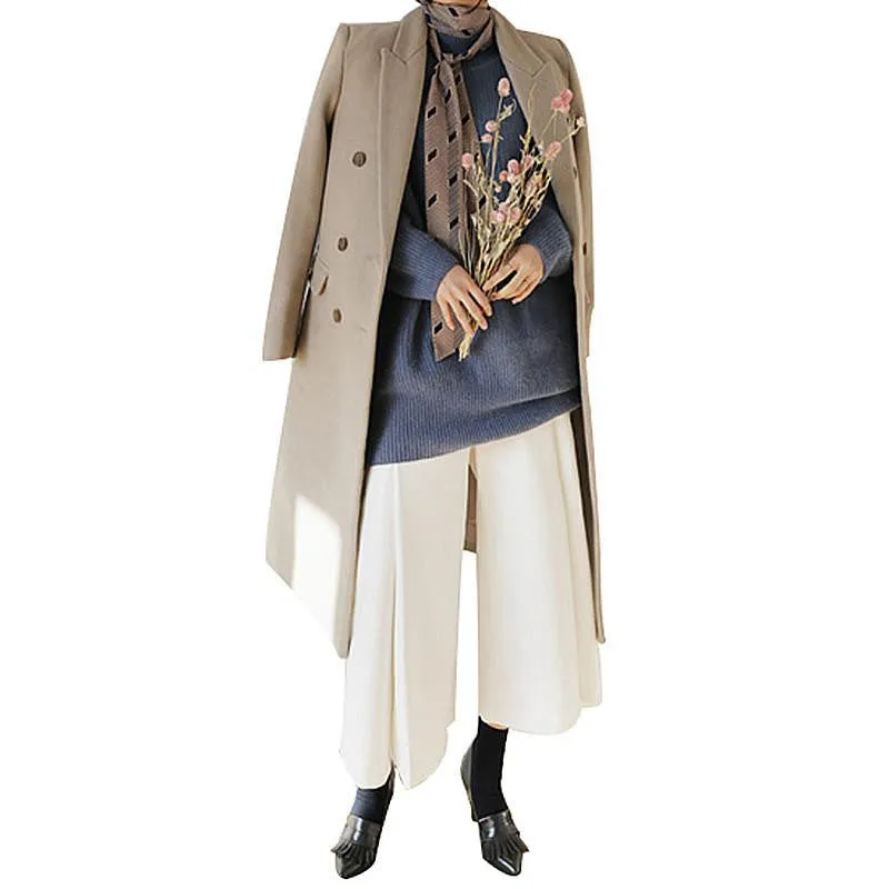 Women's Long Wool Blends Fashion Korean Style Slim Blue Khaki Black Woolen Outweare Coats Coat Women