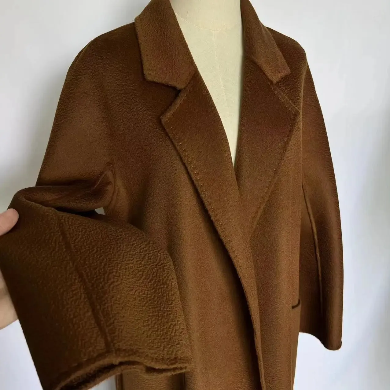 Women’s Mid-Length Cashmere Coat – Black Wool, Lace-Up Detail, Red & Beige