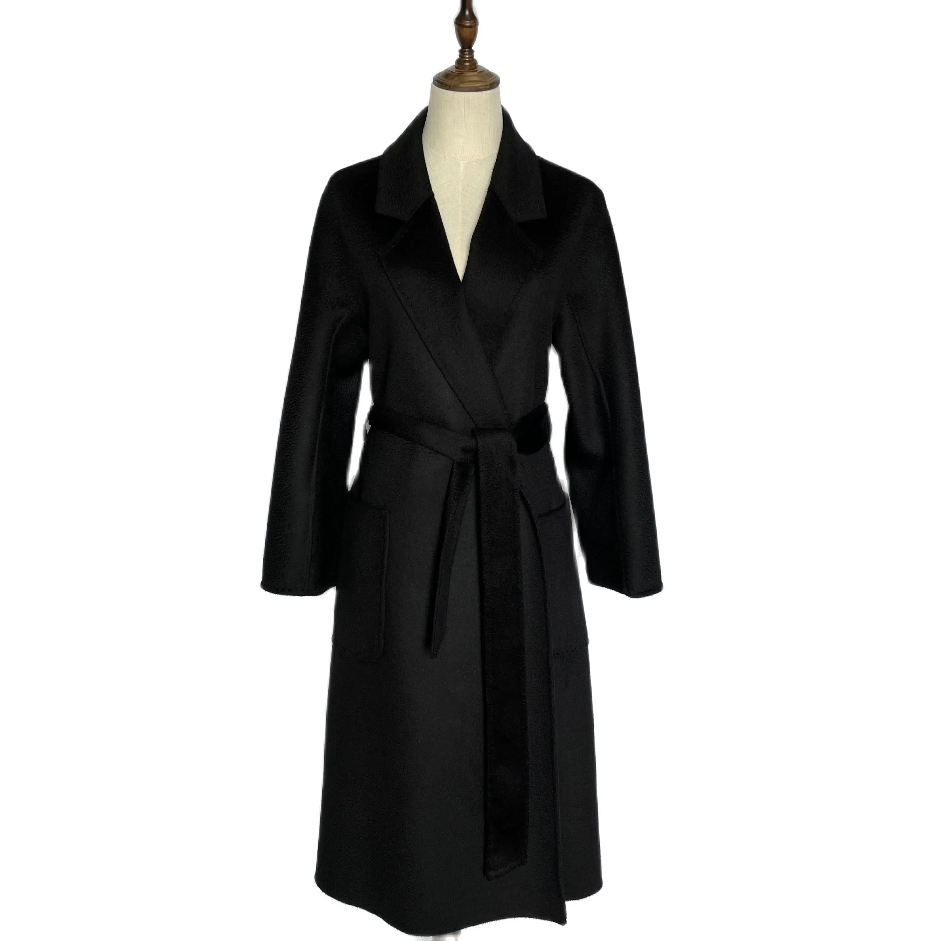 Women’s Mid-Length Cashmere Coat – Black Wool, Lace-Up Detail, Red & Beige