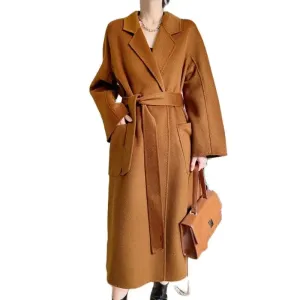 Women’s Mid-Length Cashmere Coat – Black Wool, Lace-Up Detail, Red & Beige