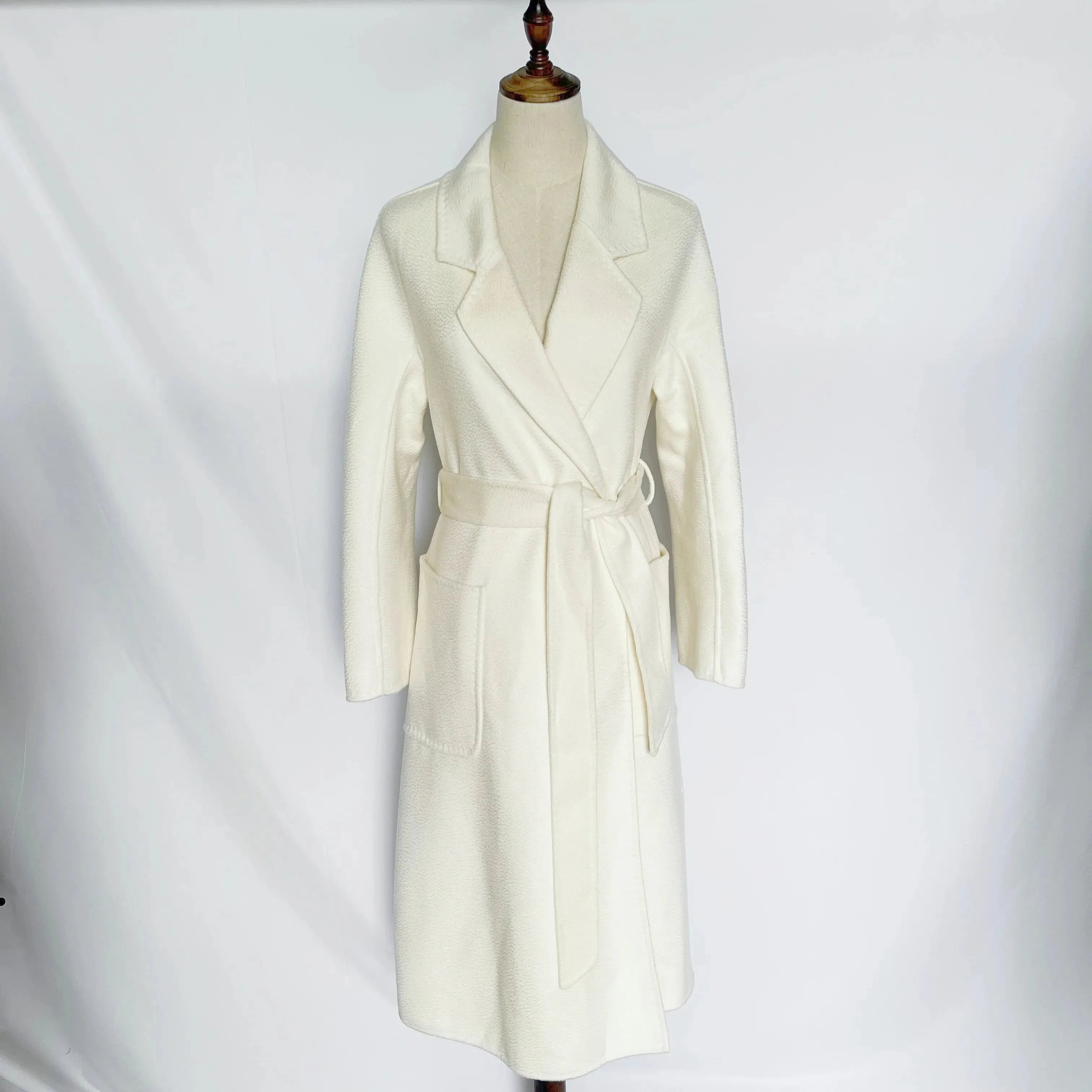 Women’s Mid-Length Cashmere Coat – Black Wool, Lace-Up Detail, Red & Beige