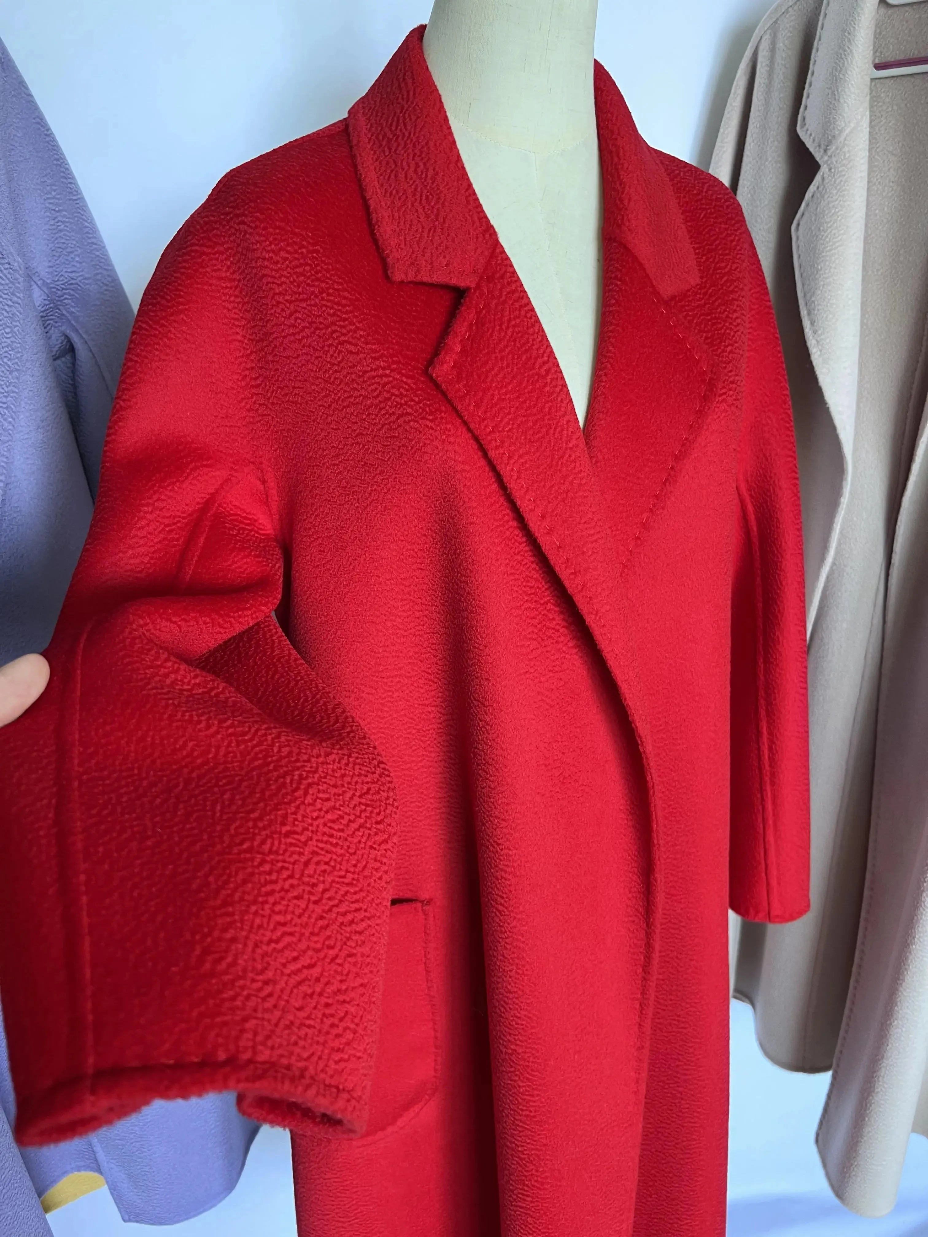 Women’s Mid-Length Cashmere Coat – Black Wool, Lace-Up Detail, Red & Beige
