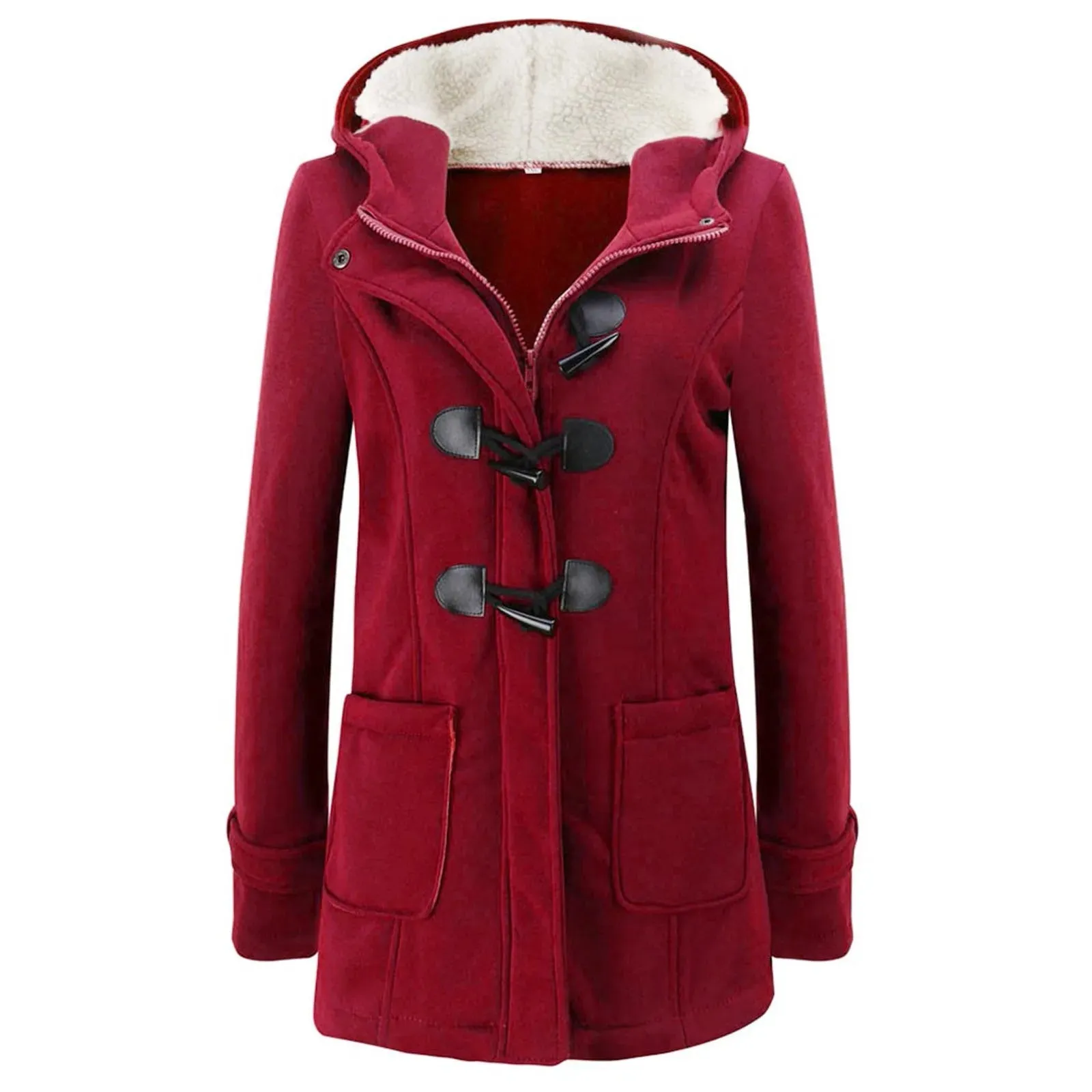 Womens Winter Coats Thicken Sherpa Lined Jacket Fashion Horn Button Hooded Outwear Warm Wool Blended Pea Coat Pockets