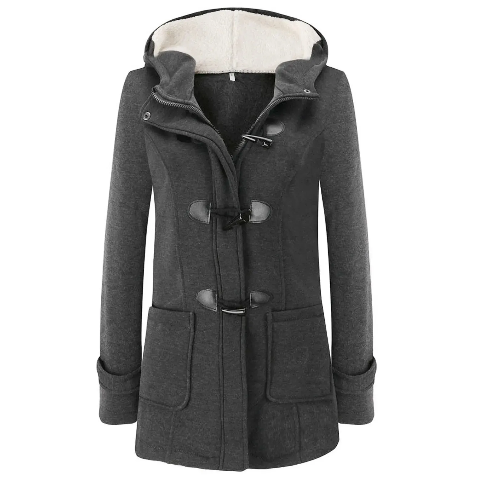 Womens Winter Coats Thicken Sherpa Lined Jacket Fashion Horn Button Hooded Outwear Warm Wool Blended Pea Coat Pockets