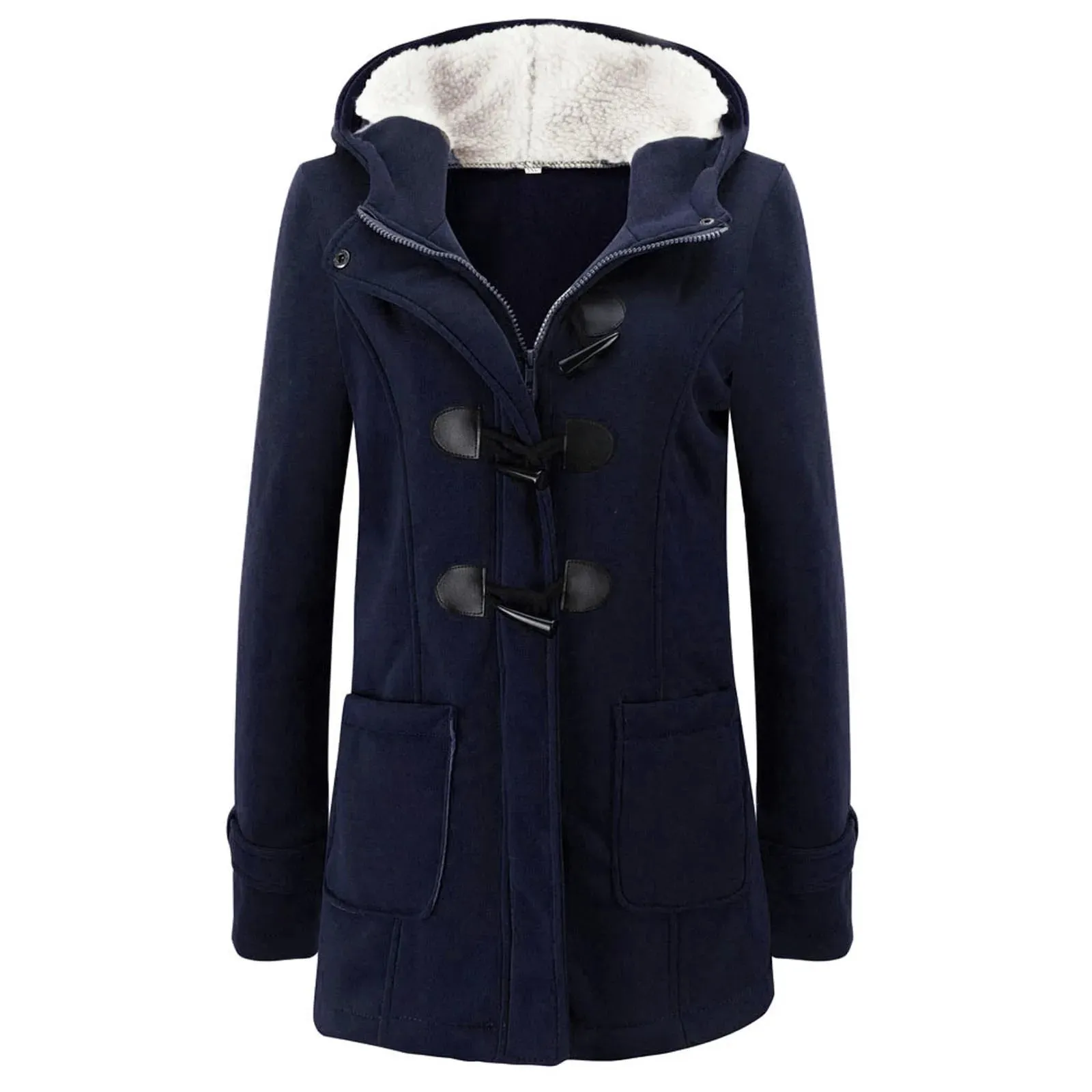 Womens Winter Coats Thicken Sherpa Lined Jacket Fashion Horn Button Hooded Outwear Warm Wool Blended Pea Coat Pockets