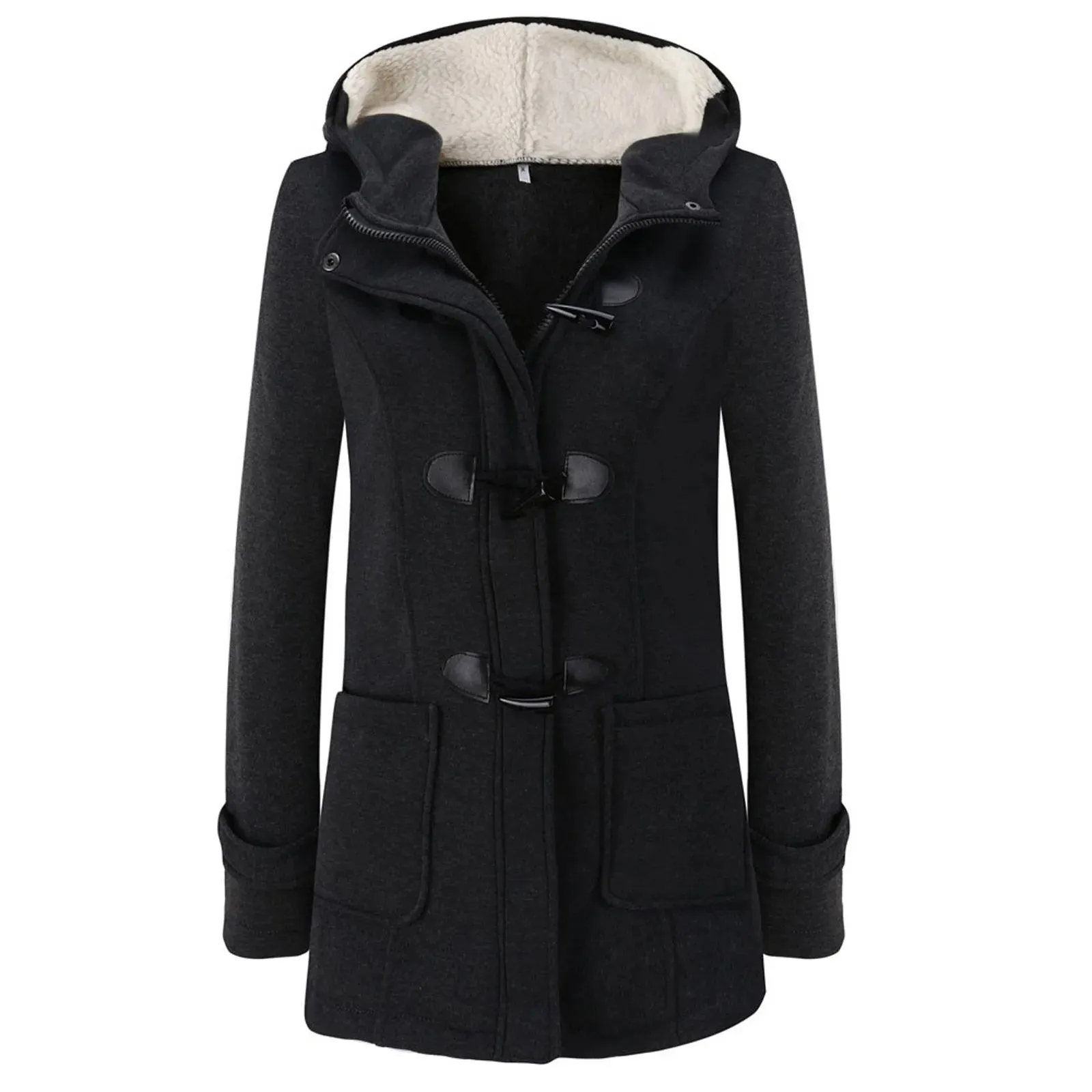 Womens Winter Coats Thicken Sherpa Lined Jacket Fashion Horn Button Hooded Outwear Warm Wool Blended Pea Coat Pockets