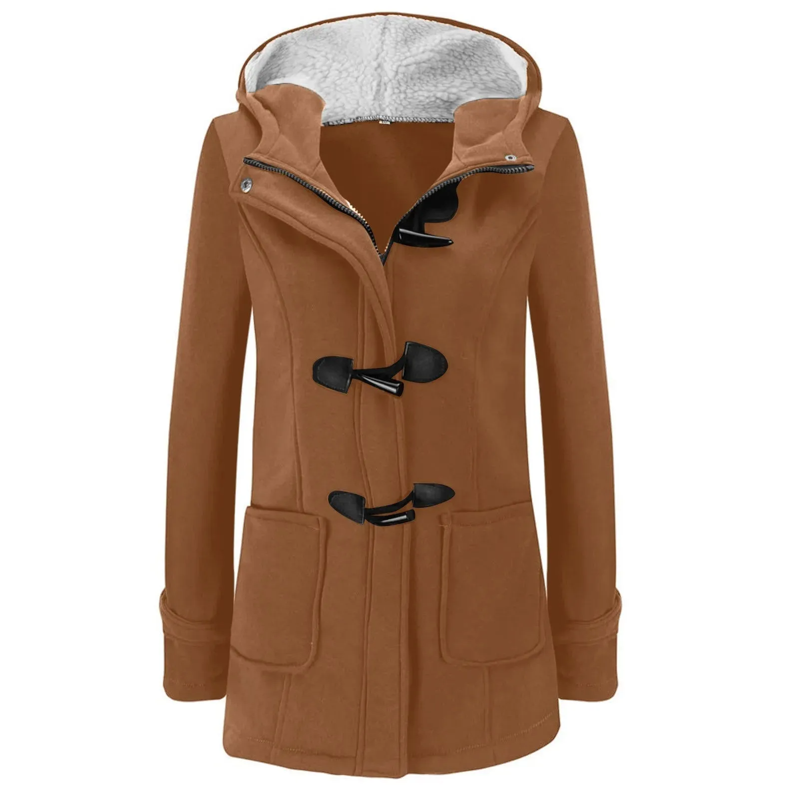 Womens Winter Coats Thicken Sherpa Lined Jacket Fashion Horn Button Hooded Outwear Warm Wool Blended Pea Coat Pockets