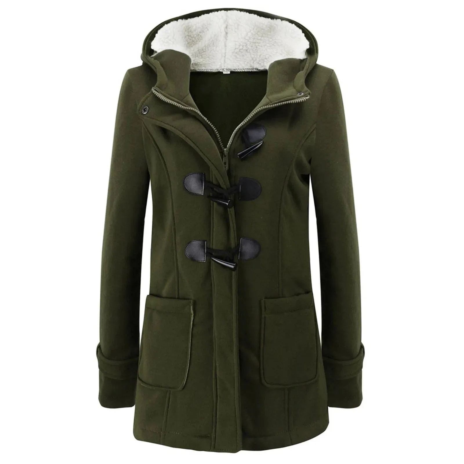 Womens Winter Coats Thicken Sherpa Lined Jacket Fashion Horn Button Hooded Outwear Warm Wool Blended Pea Coat Pockets