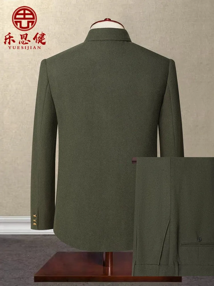 Woolen Military Green Zhongshan Suit for Men | Loose Fit Grandpa Outfit | Chinese Style Winter Formal Wear
