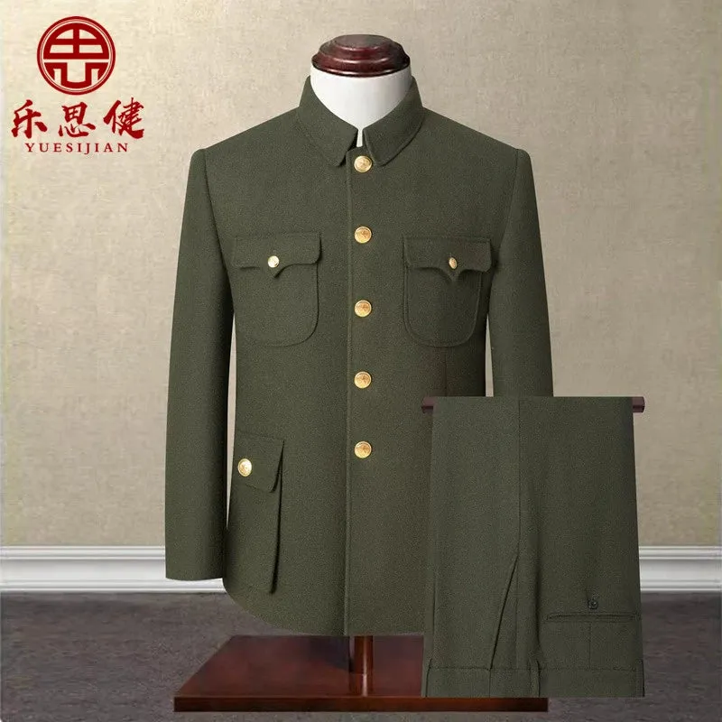 Woolen Military Green Zhongshan Suit for Men | Loose Fit Grandpa Outfit | Chinese Style Winter Formal Wear