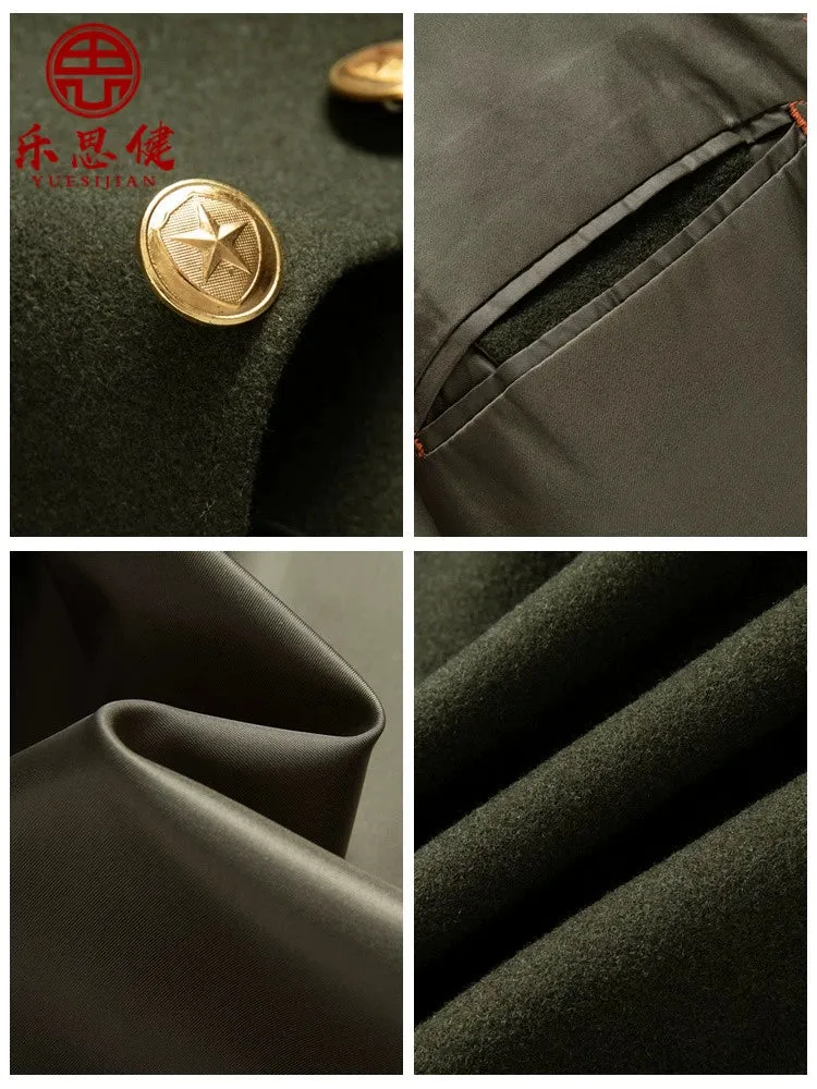 Woolen Military Green Zhongshan Suit for Men | Loose Fit Grandpa Outfit | Chinese Style Winter Formal Wear