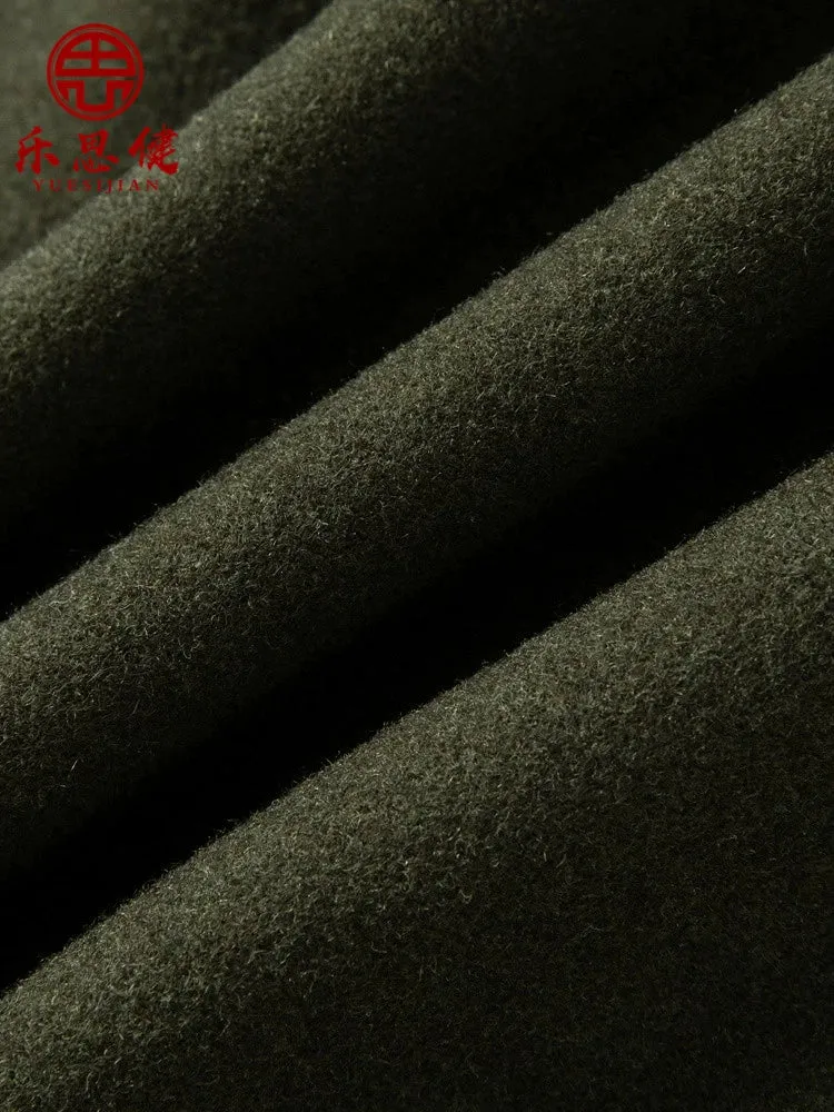 Woolen Military Green Zhongshan Suit for Men | Loose Fit Grandpa Outfit | Chinese Style Winter Formal Wear